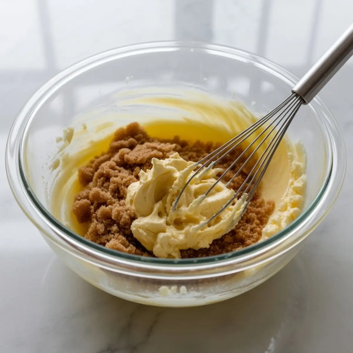 Glass bowl filled with softened butter, brown sugar, and a whisk, showing the beginning stages of cookie dough mixing.
