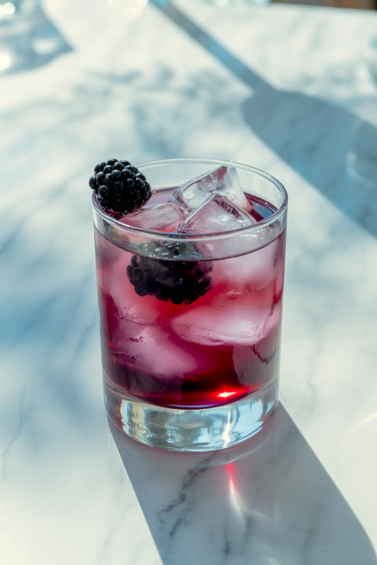 A short glass of blackberry cocktail with clear ice cubes and fresh blackberries, served on a white marble surface under natural light.
