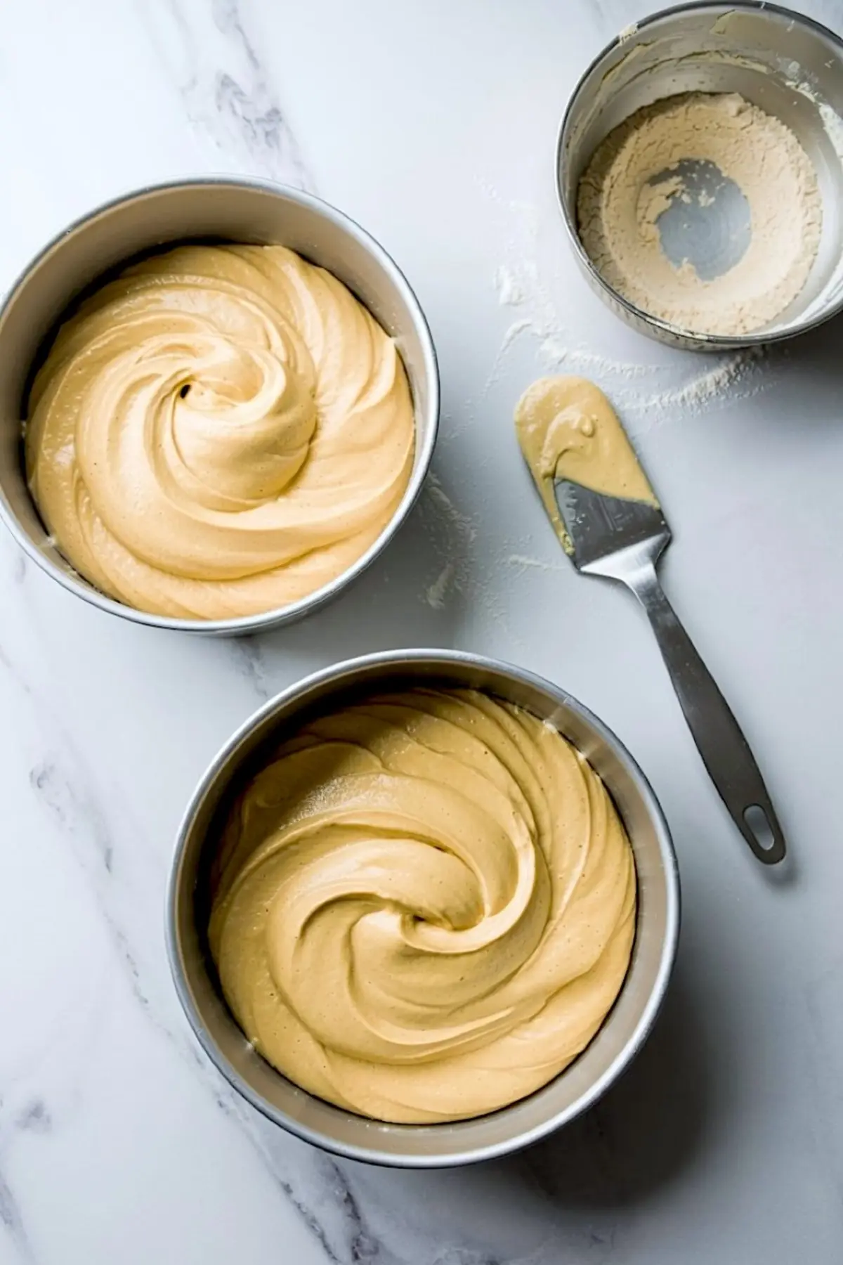 Overhead view of three round cake pans filled with swirled yellow cake batter, ready to be baked, placed on a marble surface with a spatula and flour nearby.
