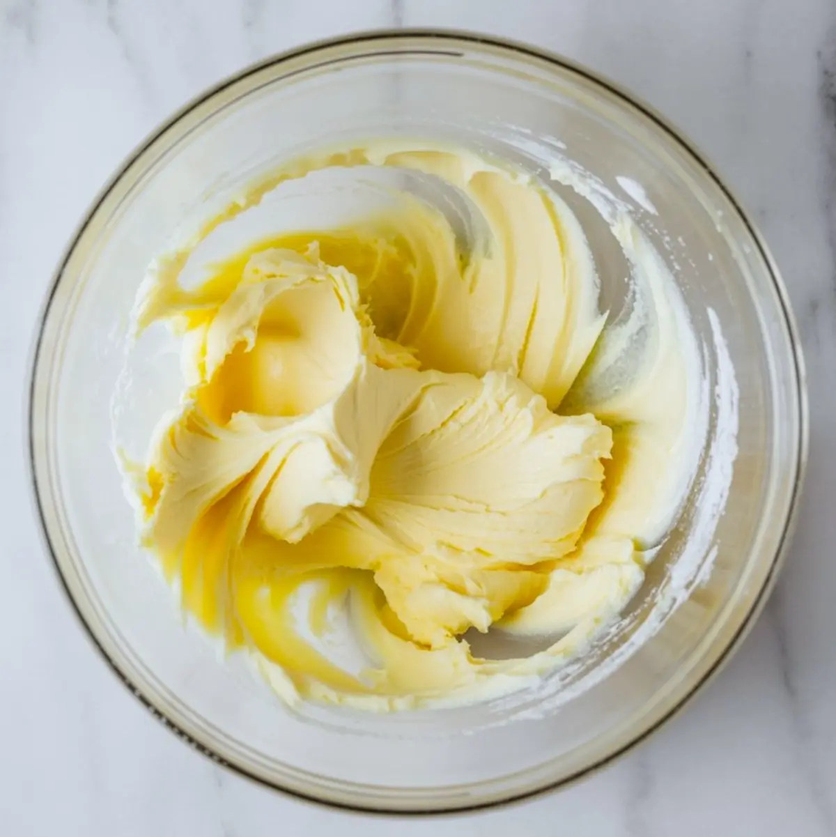 Creamed butter in a glass bowl on a marble surface, showing a smooth and fluffy texture for a cookie frosting base.
