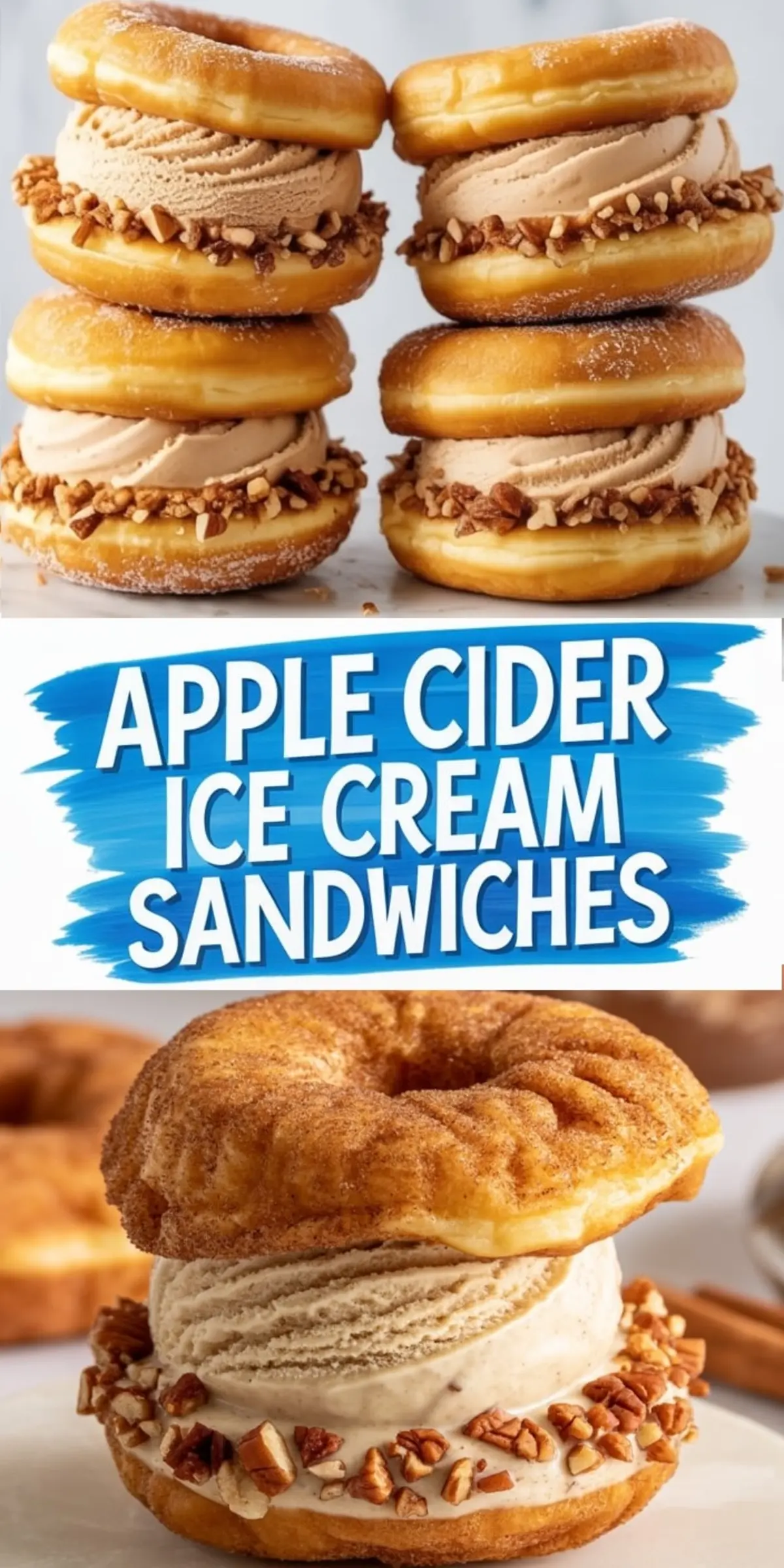 Stacks of apple cider donut ice cream sandwiches filled with creamy spiced ice cream and rolled in chopped pecans, shown from a side view and close-up to highlight the texture and cinnamon sugar coating.
