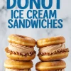 Stacks of apple cider donut ice cream sandwiches filled with cinnamon ice cream and coated in finely chopped nuts, displayed below bold blue text on a marble background.