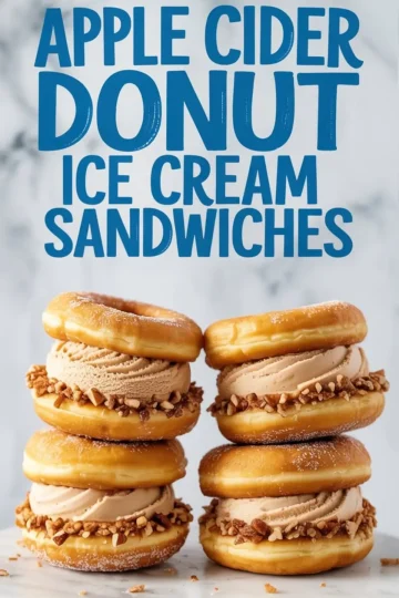Stacks of apple cider donut ice cream sandwiches filled with cinnamon ice cream and coated in finely chopped nuts, displayed below bold blue text on a marble background.