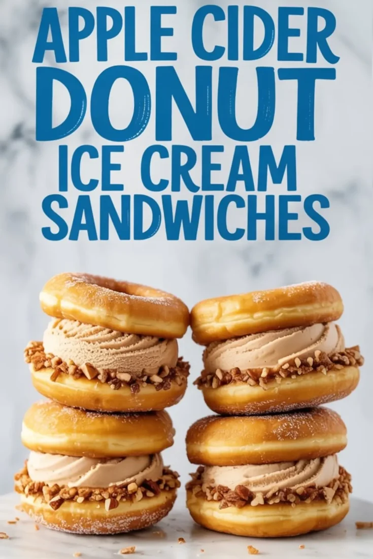 Stacks of apple cider donut ice cream sandwiches filled with cinnamon ice cream and coated in finely chopped nuts, displayed below bold blue text on a marble background.