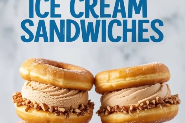 Stacks of apple cider donut ice cream sandwiches filled with cinnamon ice cream and coated in finely chopped nuts, displayed below bold blue text on a marble background.