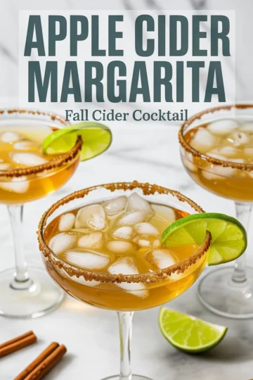Close-up of apple cider margaritas in wide-rimmed cocktail glasses with ice, cinnamon-sugar rims, and lime slices, placed on a white marble table with fall-themed garnish.
