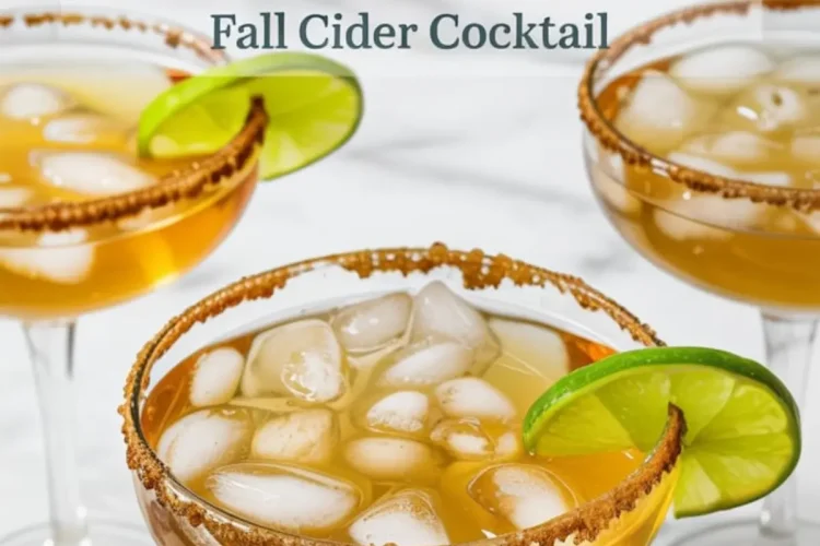 Close-up of apple cider margaritas in wide-rimmed cocktail glasses with ice, cinnamon-sugar rims, and lime slices, placed on a white marble table with fall-themed garnish.