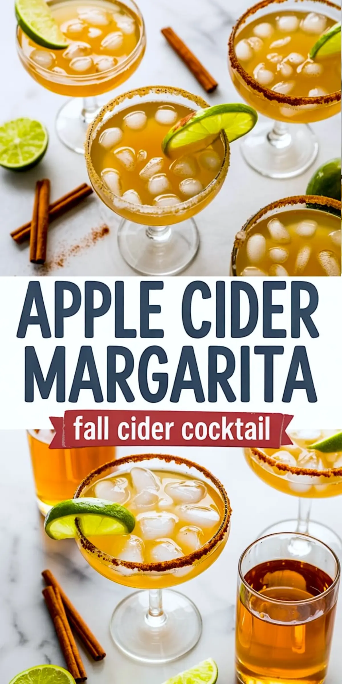 Apple cider margaritas served in coupe glasses with cinnamon sugar rims and lime garnishes, arranged on a white marble surface with cinnamon sticks, lime halves, and a glass of cider in the background. Collage shows multiple glasses from above and eye level.