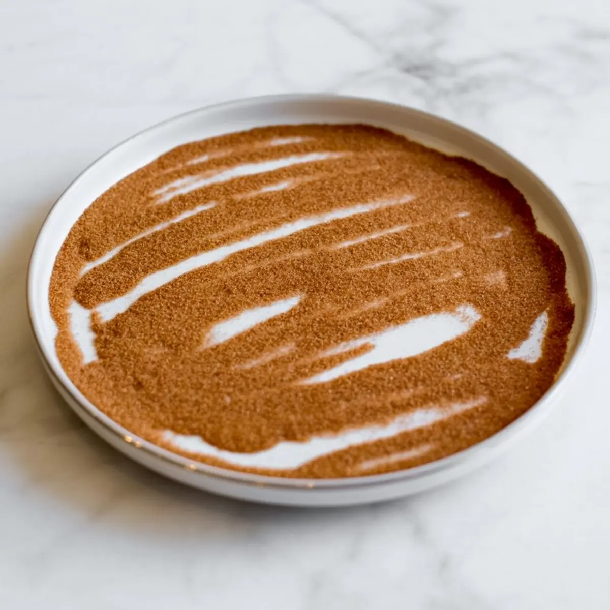 Shallow white dish filled with cinnamon sugar mixture for rimming cocktail glasses, displayed on a white marble countertop.