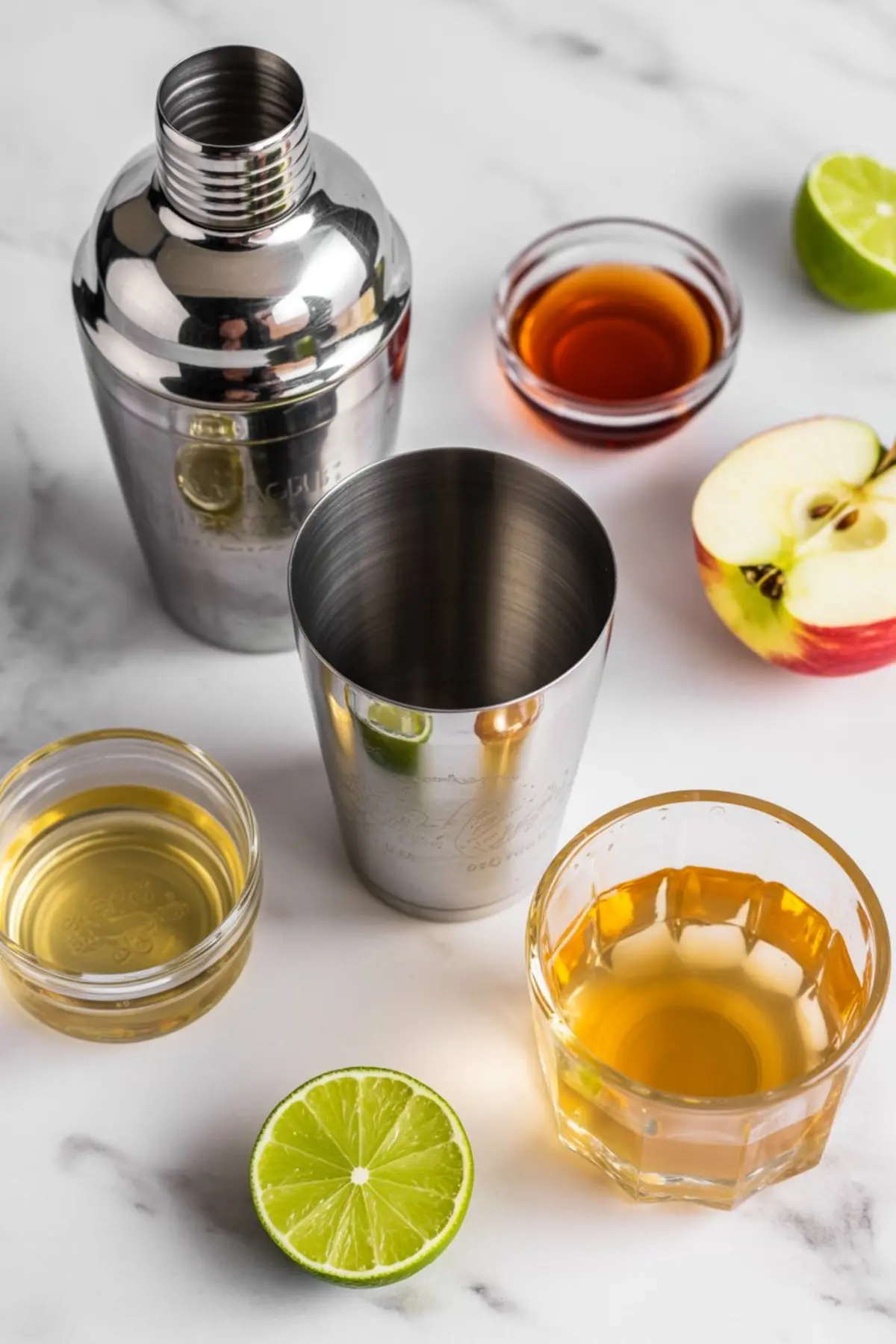 Cocktail shaker with ingredients for apple cider margarita including apple slices, lime halves, maple syrup, apple cider, and orange liqueur on a marble surface.