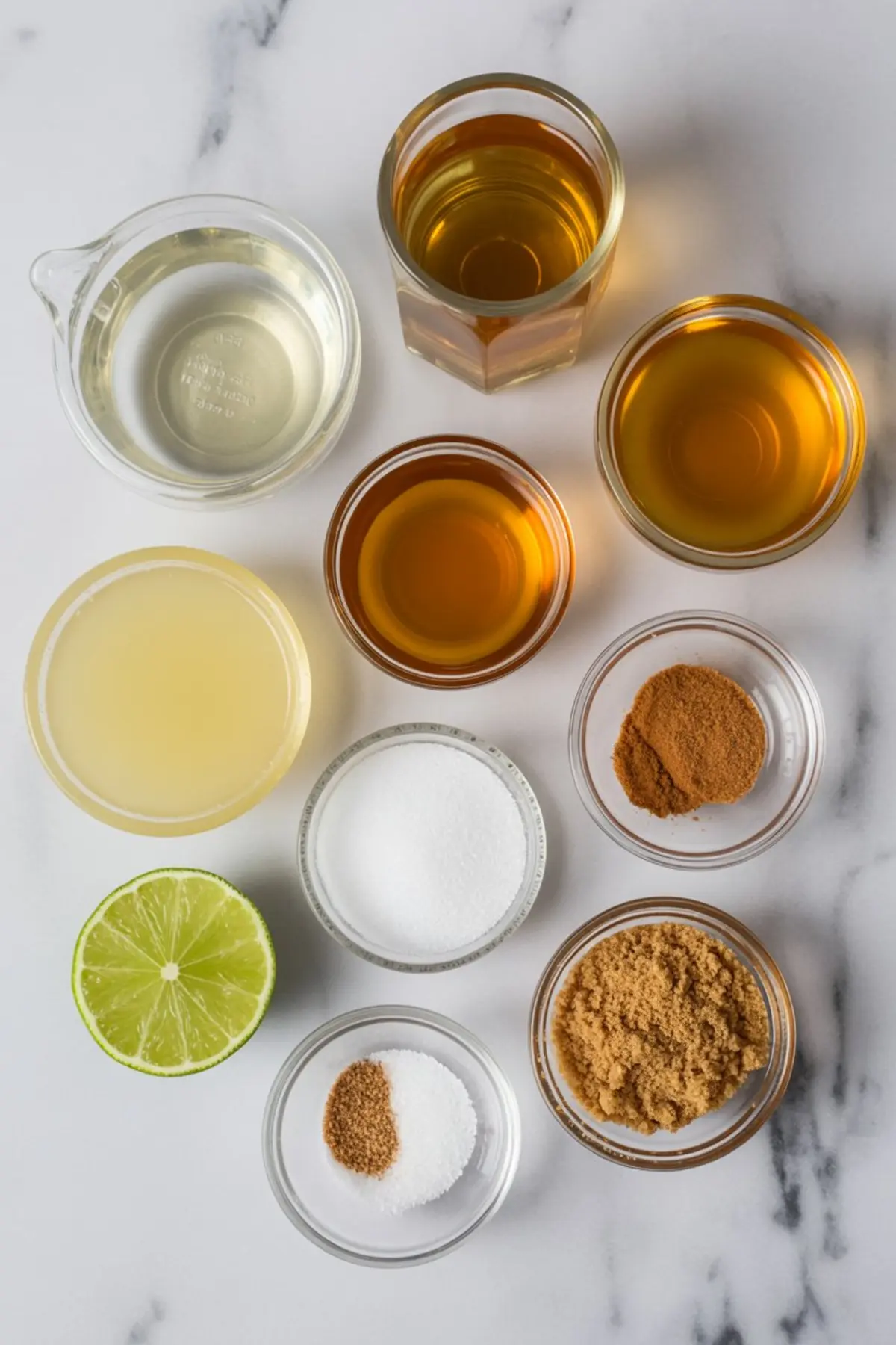 Flat lay of apple cider margarita ingredients, including lime juice, apple cider, tequila, triple sec, cinnamon, brown sugar, white sugar, and lime halves, arranged in small bowls and glasses on a marble background.