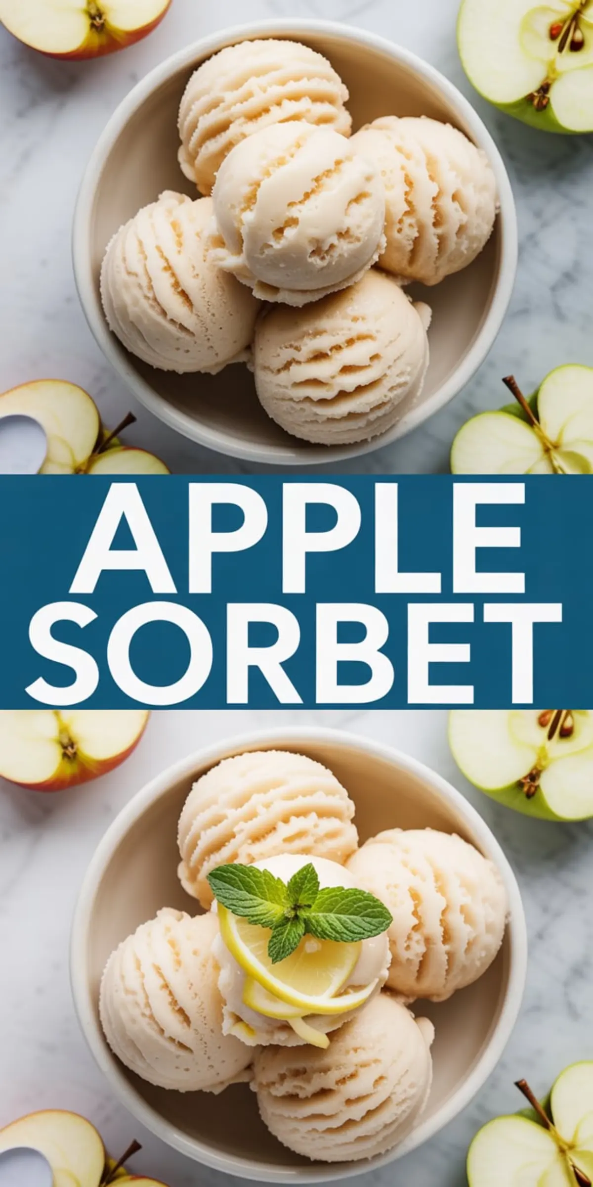 Collage of apple sorbet in white bowls, each topped with mint and lemon garnish, surrounded by sliced green apples on a marble surface. Bold central text reads “APPLE SORBET.”
