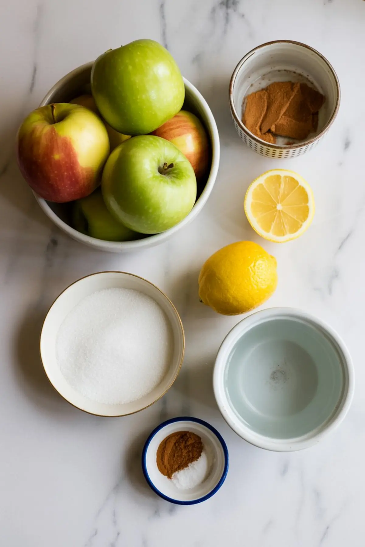 Flat lay of apple sorbet ingredients on marble, including whole apples, lemons, cinnamon, sugar, water, and salt in ceramic and glass bowls.
