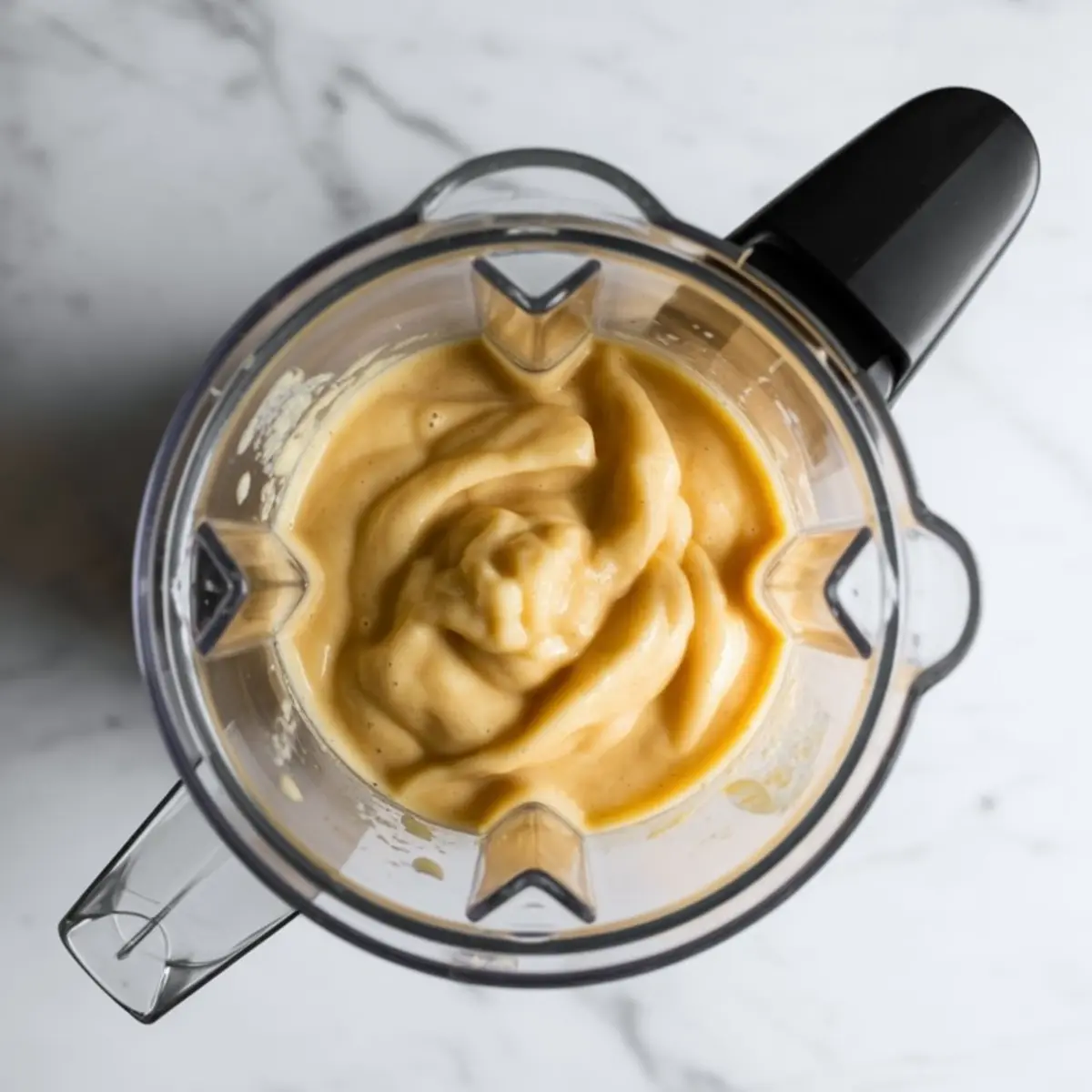 Thick apple sorbet mixture blending inside a high-speed blender with a creamy golden texture on a white marble countertop.
