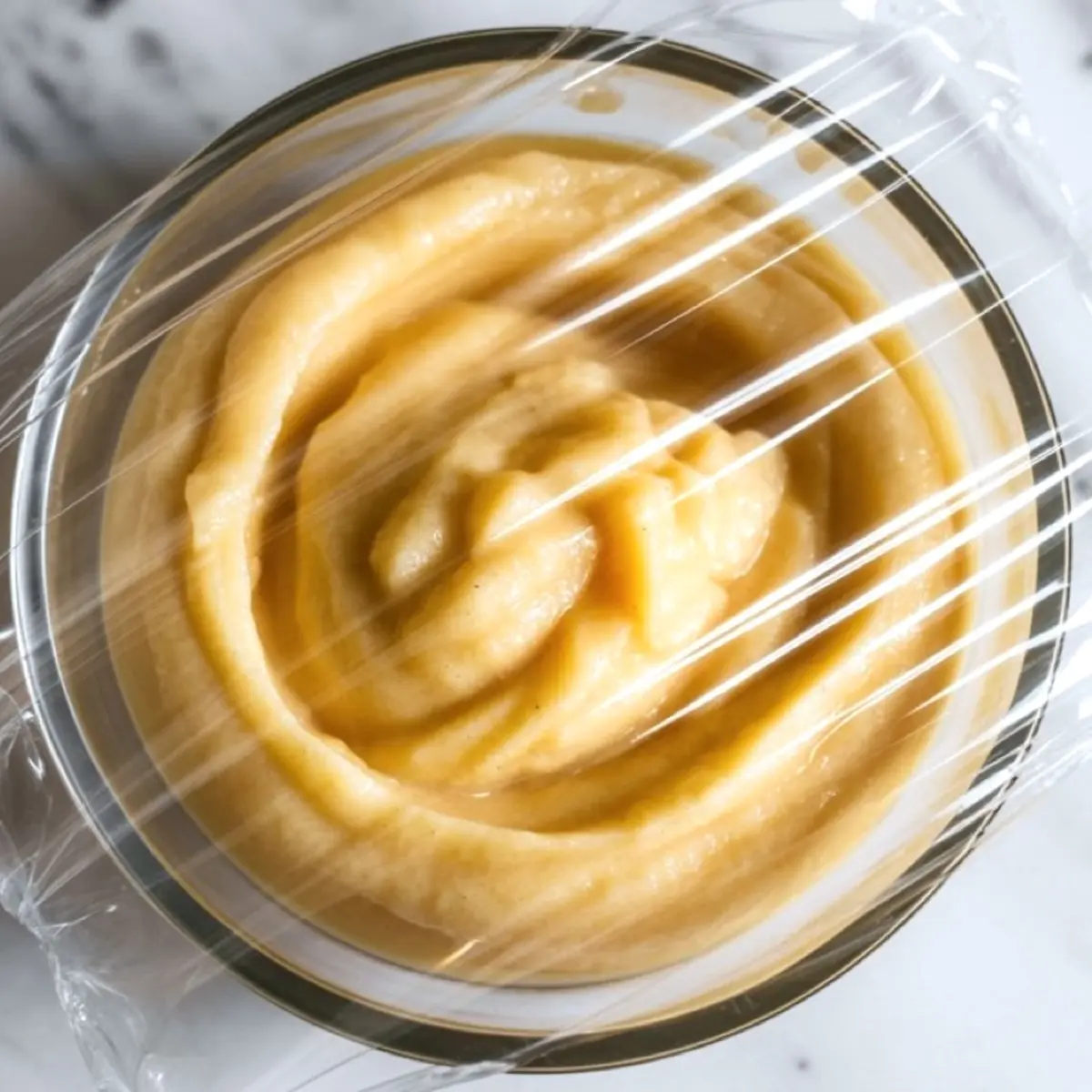 Apple sorbet mixture in a bowl covered with plastic wrap, showing smooth frozen texture and pale golden color on a marble background.
