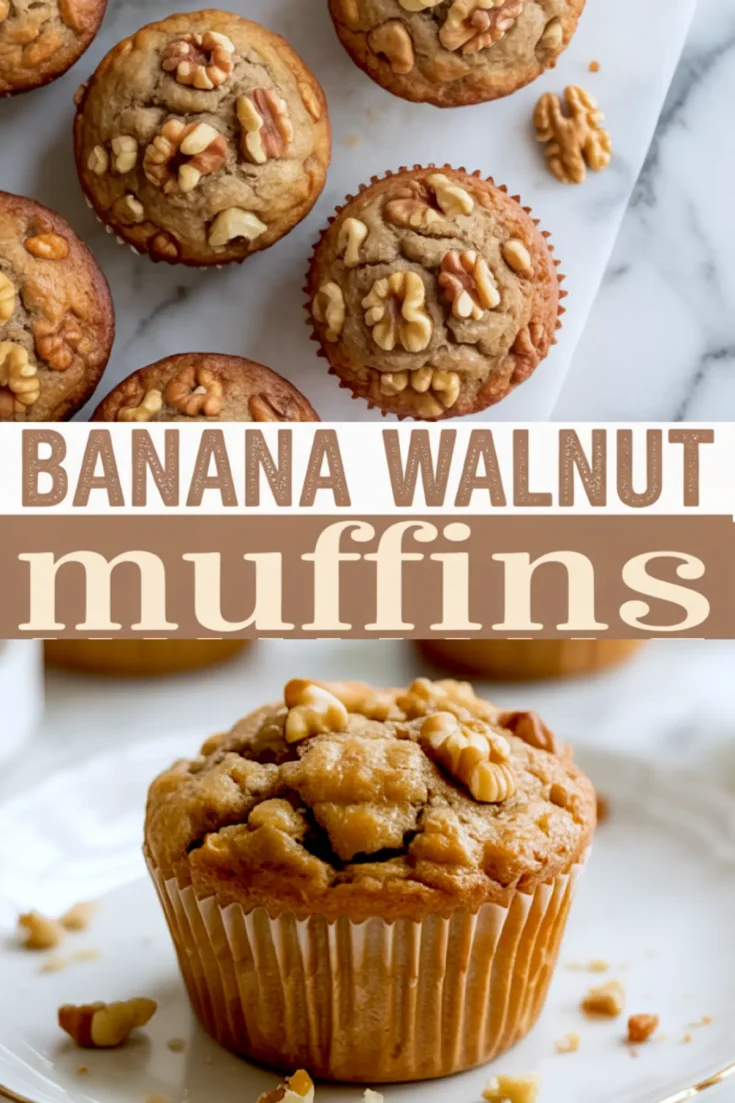 Collage with top view of golden brown banana walnut muffins above a bold “Banana Walnut Muffins” text and a close-up of a single muffin on a white plate scattered with walnut pieces.