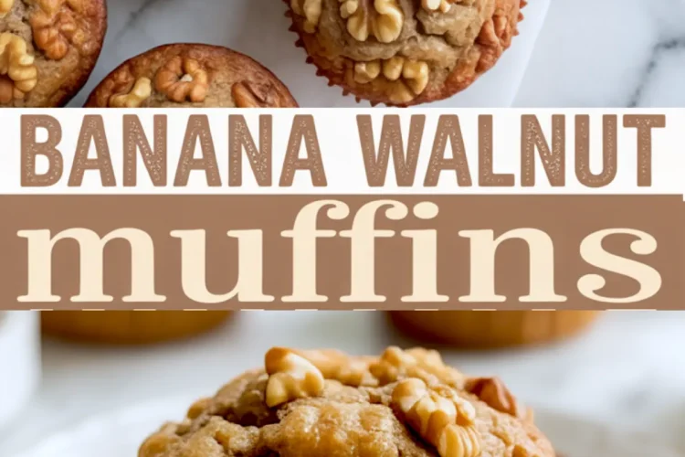 Collage with top view of golden brown banana walnut muffins above a bold “Banana Walnut Muffins” text and a close-up of a single muffin on a white plate scattered with walnut pieces.
