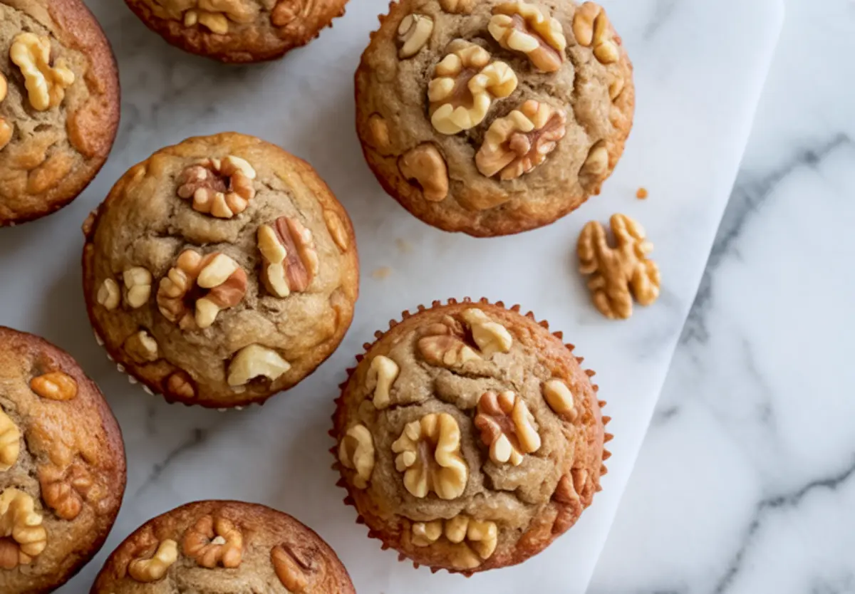 Top view of freshly baked banana walnut muffins on a white marble surface, with golden brown tops and crunchy walnut pieces arranged on a white rectangular tray.