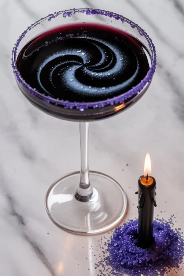 Halloween cocktail with a hypnotic black and blue swirl served in a coupe glass with a sparkly purple sugar rim, accompanied by a burning black candle resting in purple sugar on a marble counter.