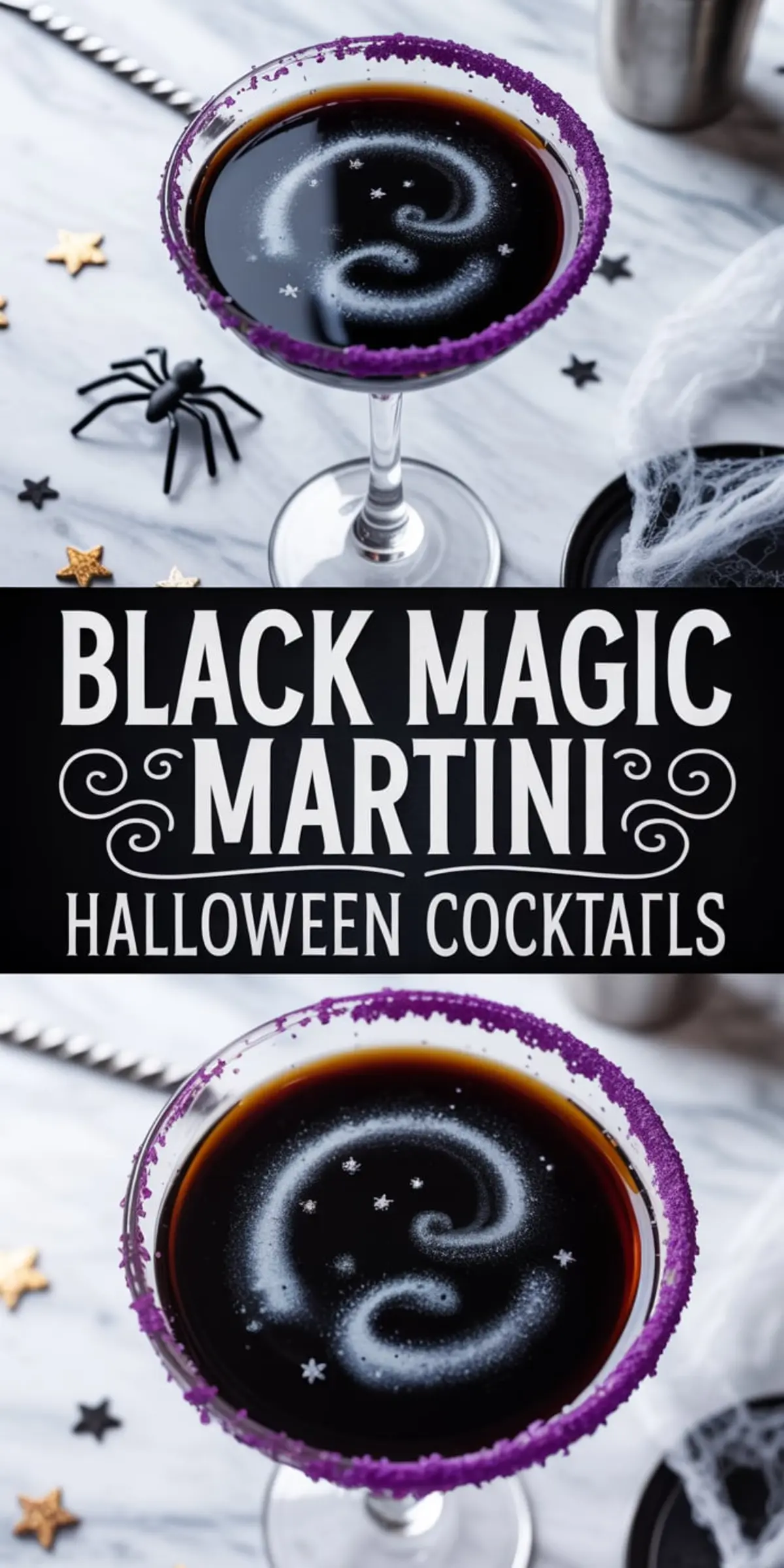 Black magic martini cocktail in a clear coupe glass with a shimmering galaxy swirl, purple sugar rim, and tiny star-shaped sprinkles, styled on a marble background with plastic spiders, gold stars, and Halloween decor.
