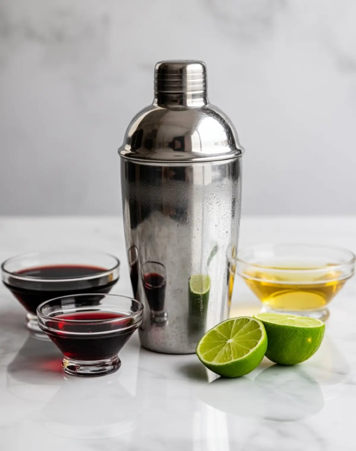 Black magic martini ingredients displayed with a metal cocktail shaker, fresh lime halves, dark red and amber liquids in glass bowls on a marble countertop.
