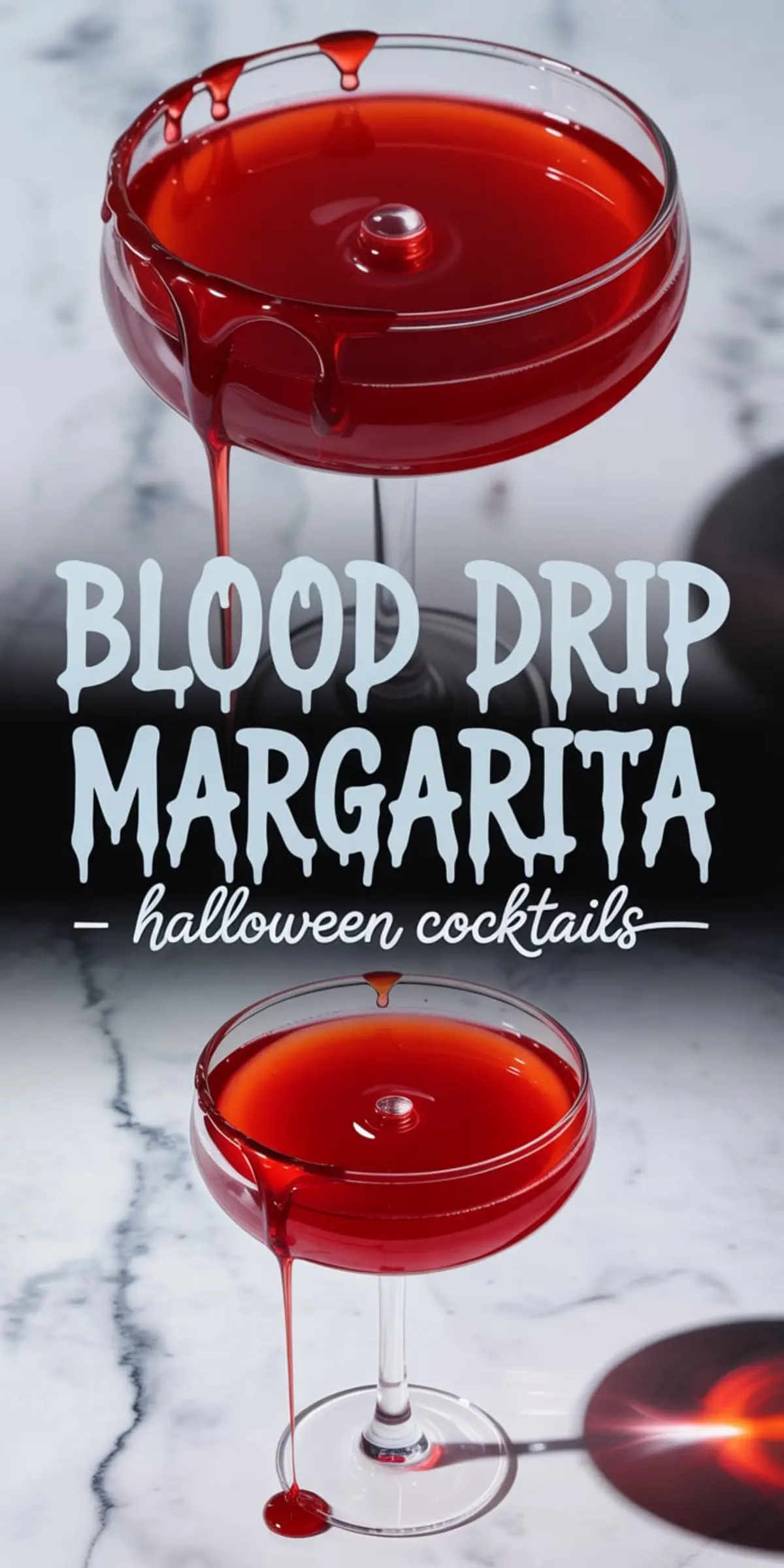 Coupe glass filled with vibrant red margarita, styled with a dramatic blood-like drip along the rim, set on a marble background with Halloween-themed text overlay.