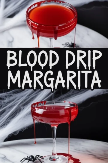 Festive collage showing two red blood drip margaritas with thick red rims, styled with Halloween props like spiders and white cobwebs, placed on marble surfaces.