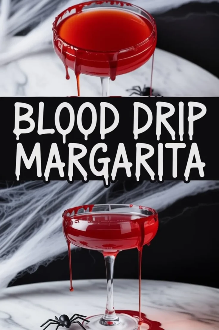 Festive collage showing two red blood drip margaritas with thick red rims, styled with Halloween props like spiders and white cobwebs, placed on marble surfaces.