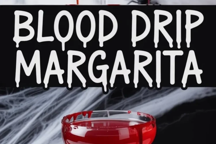 Festive collage showing two red blood drip margaritas with thick red rims, styled with Halloween props like spiders and white cobwebs, placed on marble surfaces.
