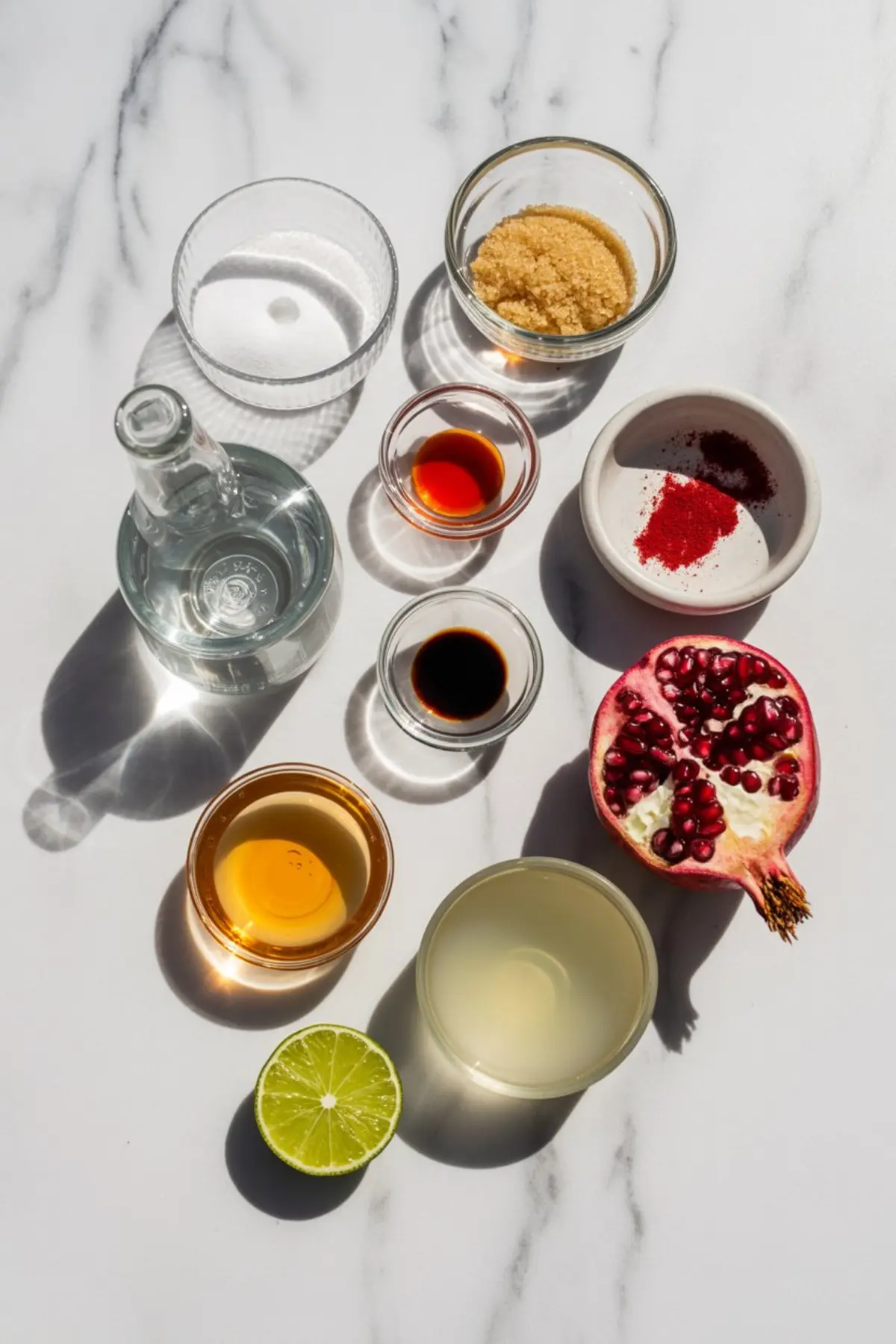 Flat lay of blood drip margarita ingredients on white marble, including pomegranate, lime, various liquids in glass bowls, red powder, and sugar for Halloween cocktail prep.