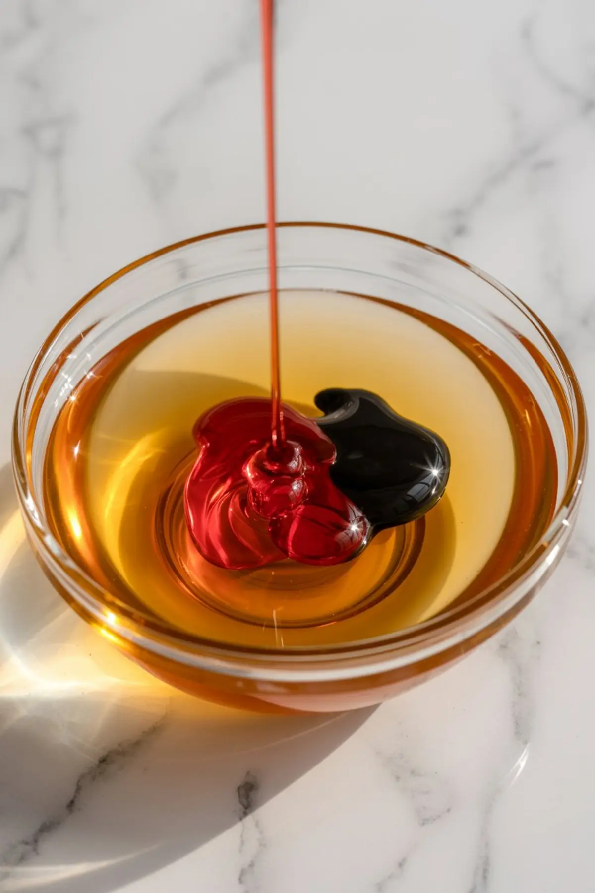 Close-up of red and black syrup being poured into golden agave syrup in a glass bowl, highlighting a vibrant Halloween cocktail syrup mixture.