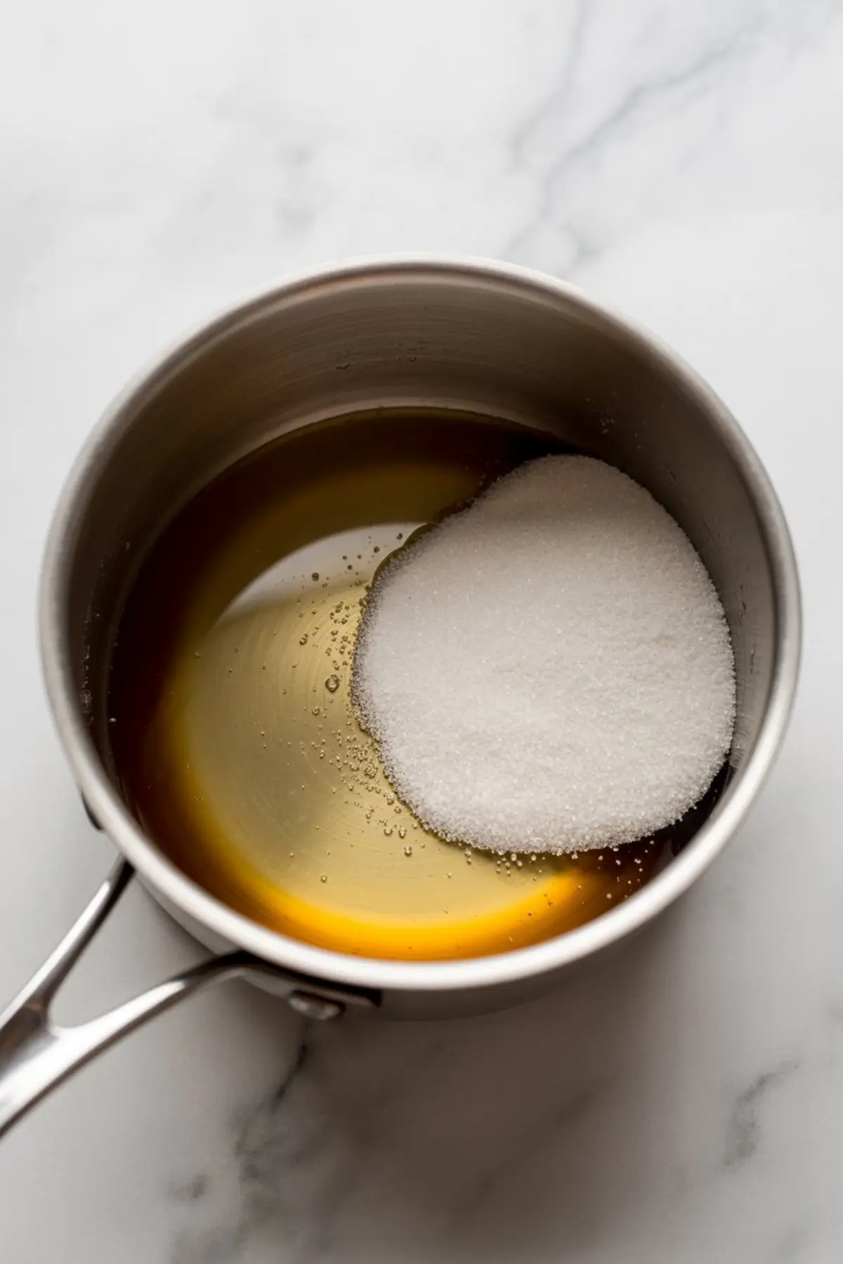 Metal saucepan with sugar and golden syrup before heating, photographed on a marble surface as part of Halloween cocktail syrup preparation.