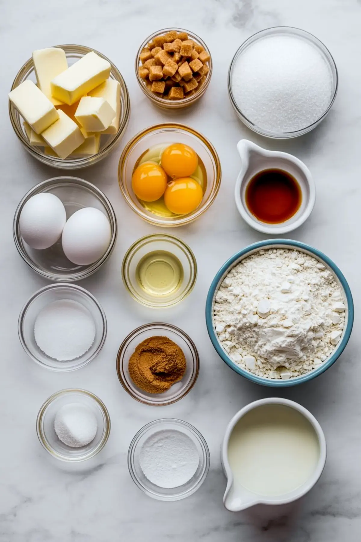 Overhead view of baking ingredients in clear bowls on a marble surface, including butter, eggs, flour, sugar, cinnamon, vanilla extract, milk, and brown sugar, prepared for making snickerdoodle bars.