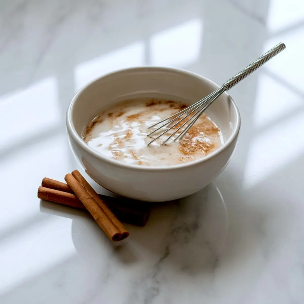 White bowl with a wire whisk mixing cinnamon and milk glaze, with whole cinnamon sticks beside it on a marble surface.