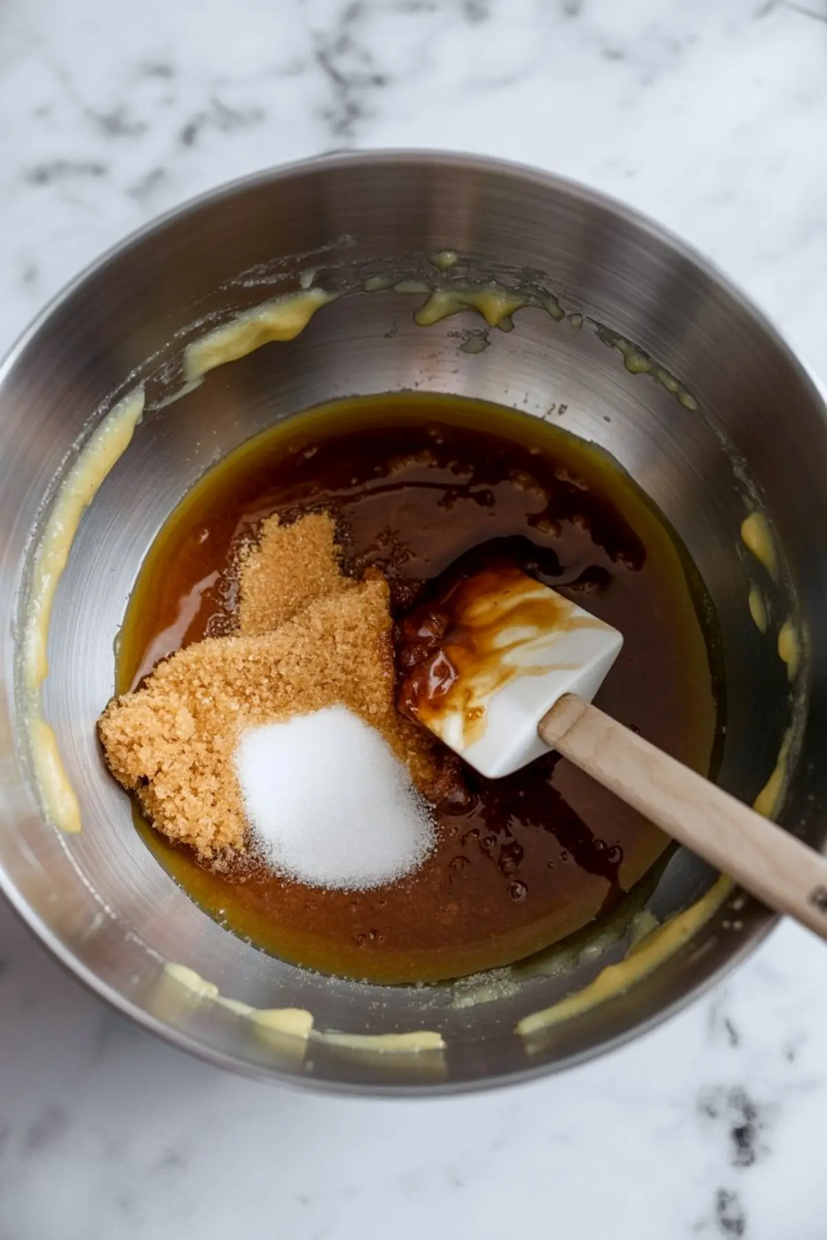 Metal mixing bowl with melted butter, brown sugar, white sugar, and vanilla extract being blended with a spatula for snickerdoodle bar batter.