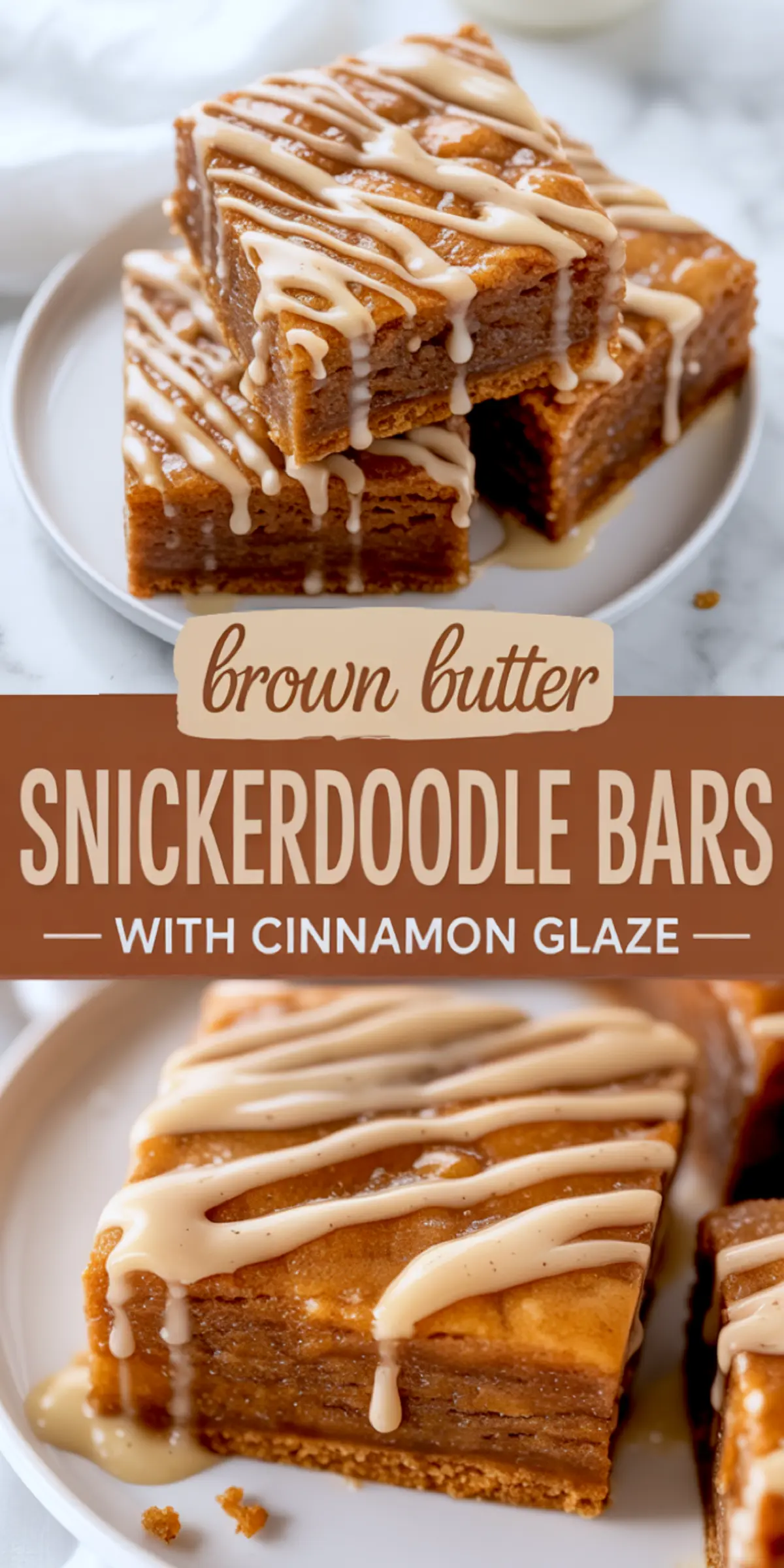Stacked brown butter snickerdoodle bars drizzled with cinnamon glaze on a white plate, with soft, chewy texture and golden layers visible.