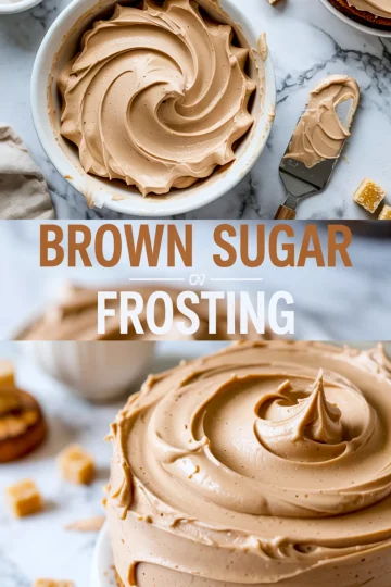 Top-down collage of creamy brown sugar frosting swirled in a bowl and a close-up of a frosted cake, with “Brown Sugar Frosting” text overlay in bold lettering.