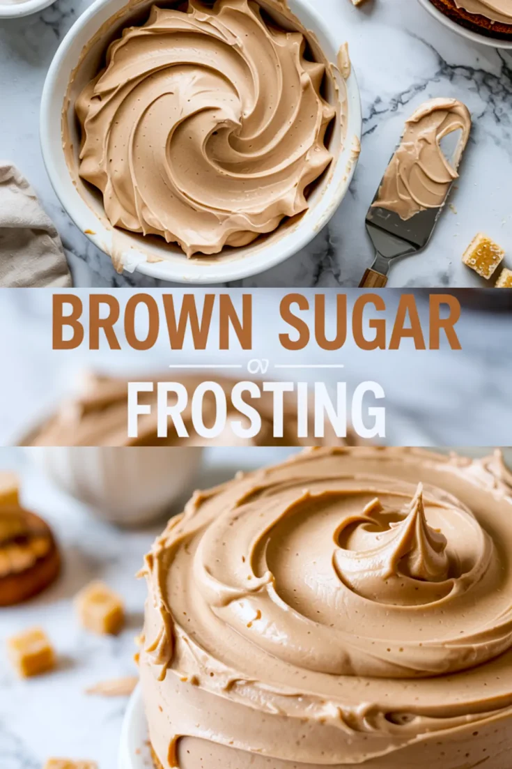 Top-down collage of creamy brown sugar frosting swirled in a bowl and a close-up of a frosted cake, with “Brown Sugar Frosting” text overlay in bold lettering.