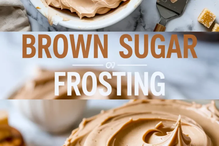 Top-down collage of creamy brown sugar frosting swirled in a bowl and a close-up of a frosted cake, with “Brown Sugar Frosting” text overlay in bold lettering.
