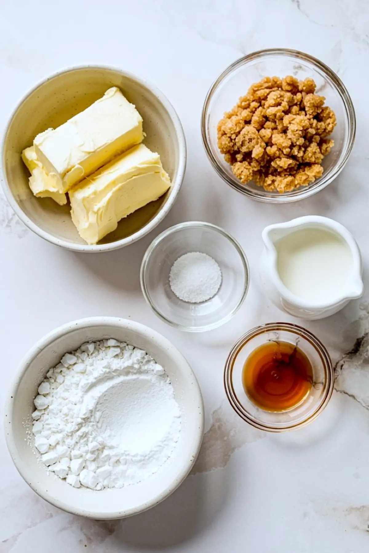 Overhead view of individual baking ingredients in bowls on a white marble surface, including sticks of butter, brown sugar crumbles, powdered sugar, vanilla extract, milk, and salt.