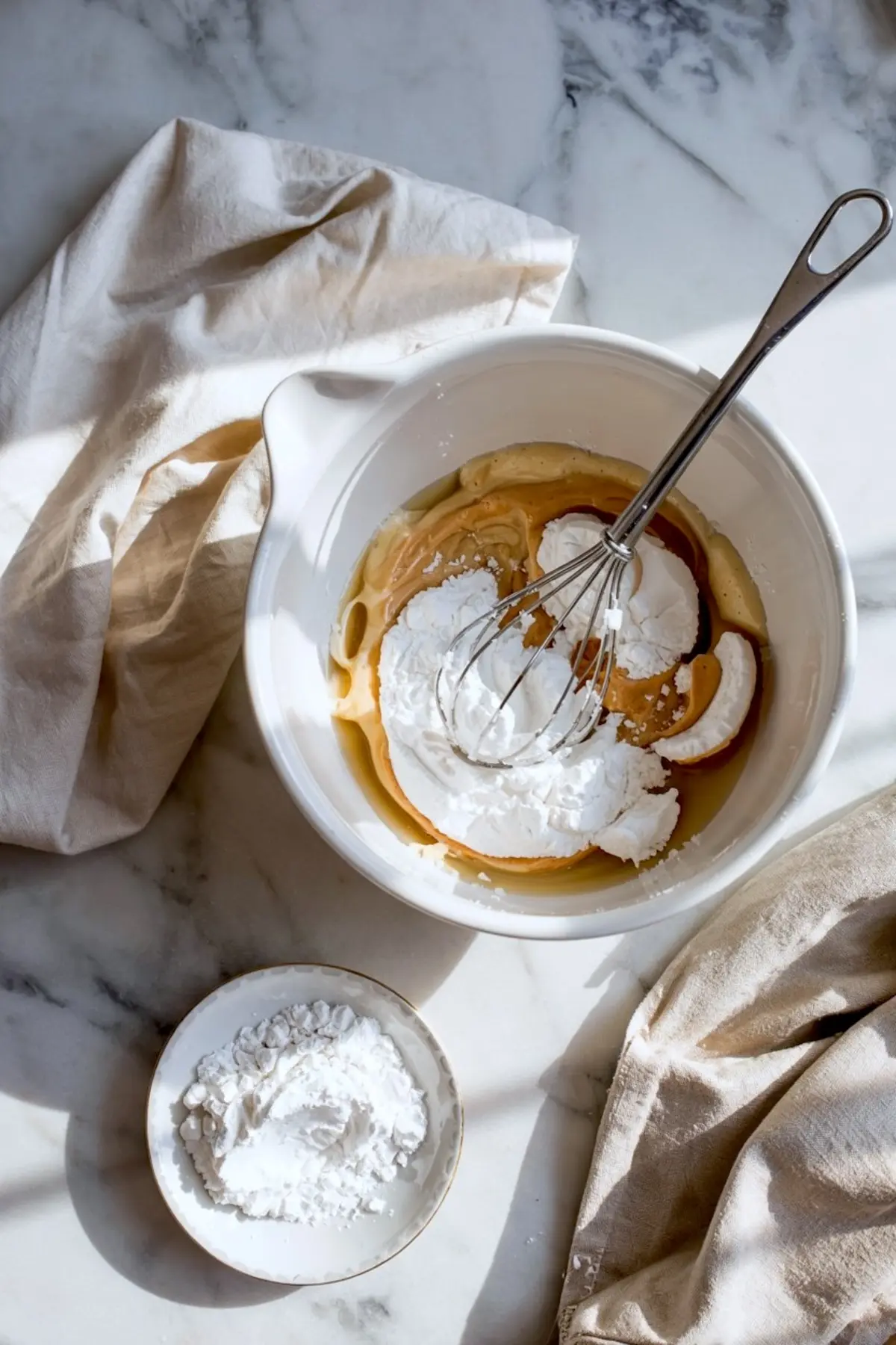 Mixing bowl filled with brown sugar, vanilla, and powdered sugar being whisked into buttercream on a marble countertop with a soft linen cloth beside it.