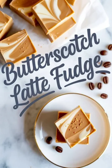 Square pieces of butterscotch latte fudge topped with a white chocolate swirl pattern are arranged on a marble surface, with coffee beans scattered nearby and two stacked pieces plated on a white dish with a gold rim.