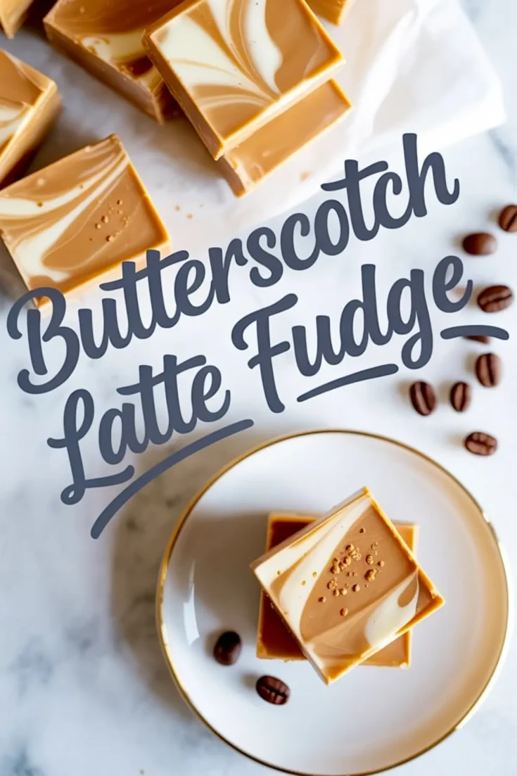 Square pieces of butterscotch latte fudge topped with a white chocolate swirl pattern are arranged on a marble surface, with coffee beans scattered nearby and two stacked pieces plated on a white dish with a gold rim.
