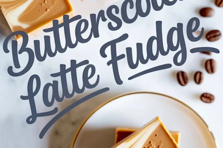 Square pieces of butterscotch latte fudge topped with a white chocolate swirl pattern are arranged on a marble surface, with coffee beans scattered nearby and two stacked pieces plated on a white dish with a gold rim.