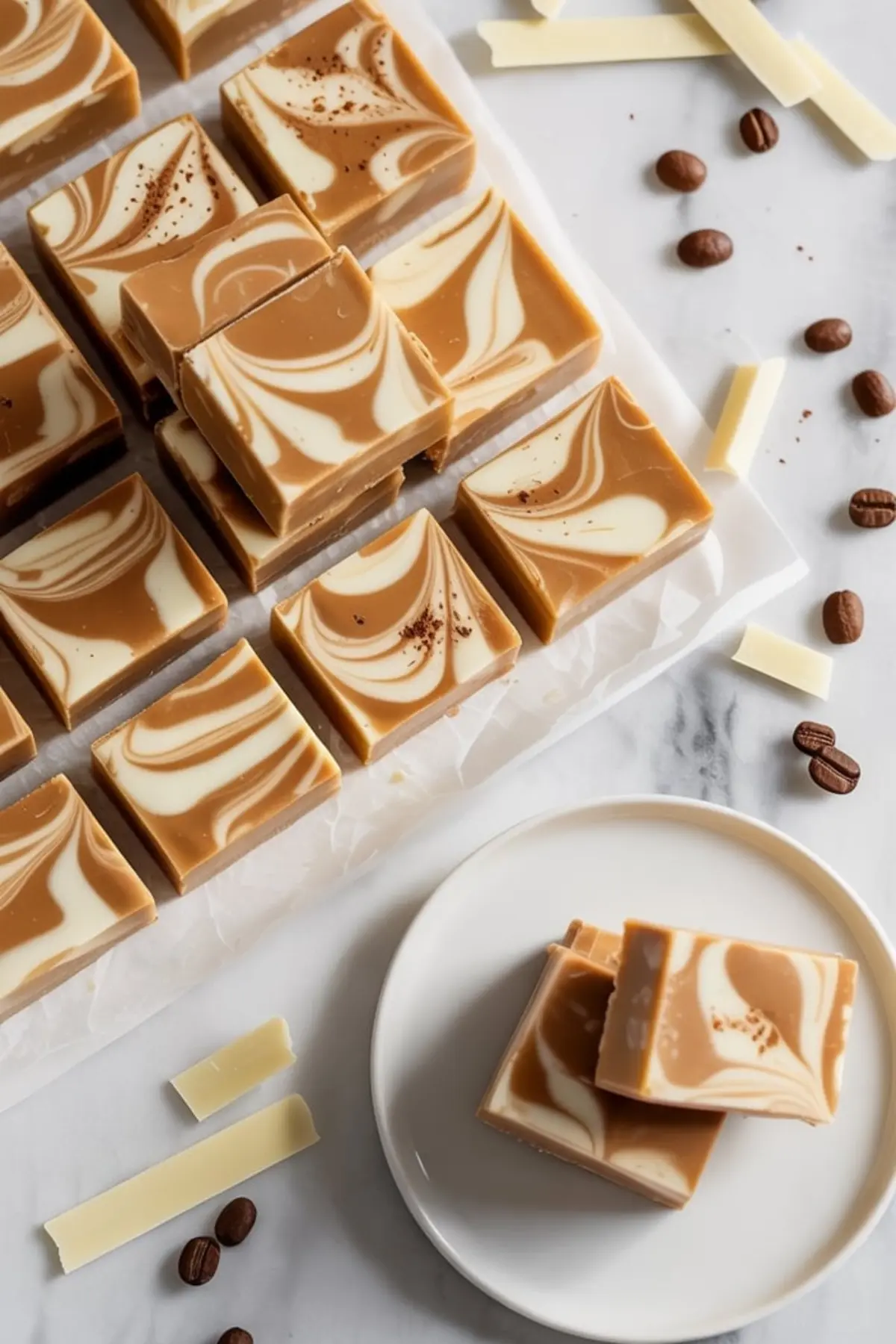 Multiple pieces of butterscotch latte fudge with marbled white chocolate swirls are laid out on parchment paper, surrounded by white chocolate chunks and scattered coffee beans, with two stacked on a white plate.
