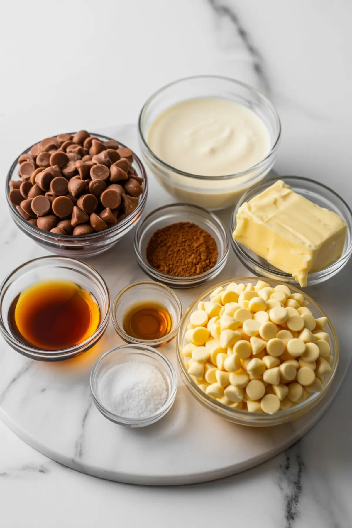 Assorted ingredients for butterscotch latte fudge arranged in glass bowls on a marble tray, including white chocolate chips, butterscotch chips, sweetened condensed milk, butter, instant coffee, vanilla extract, cinnamon, and salt.
