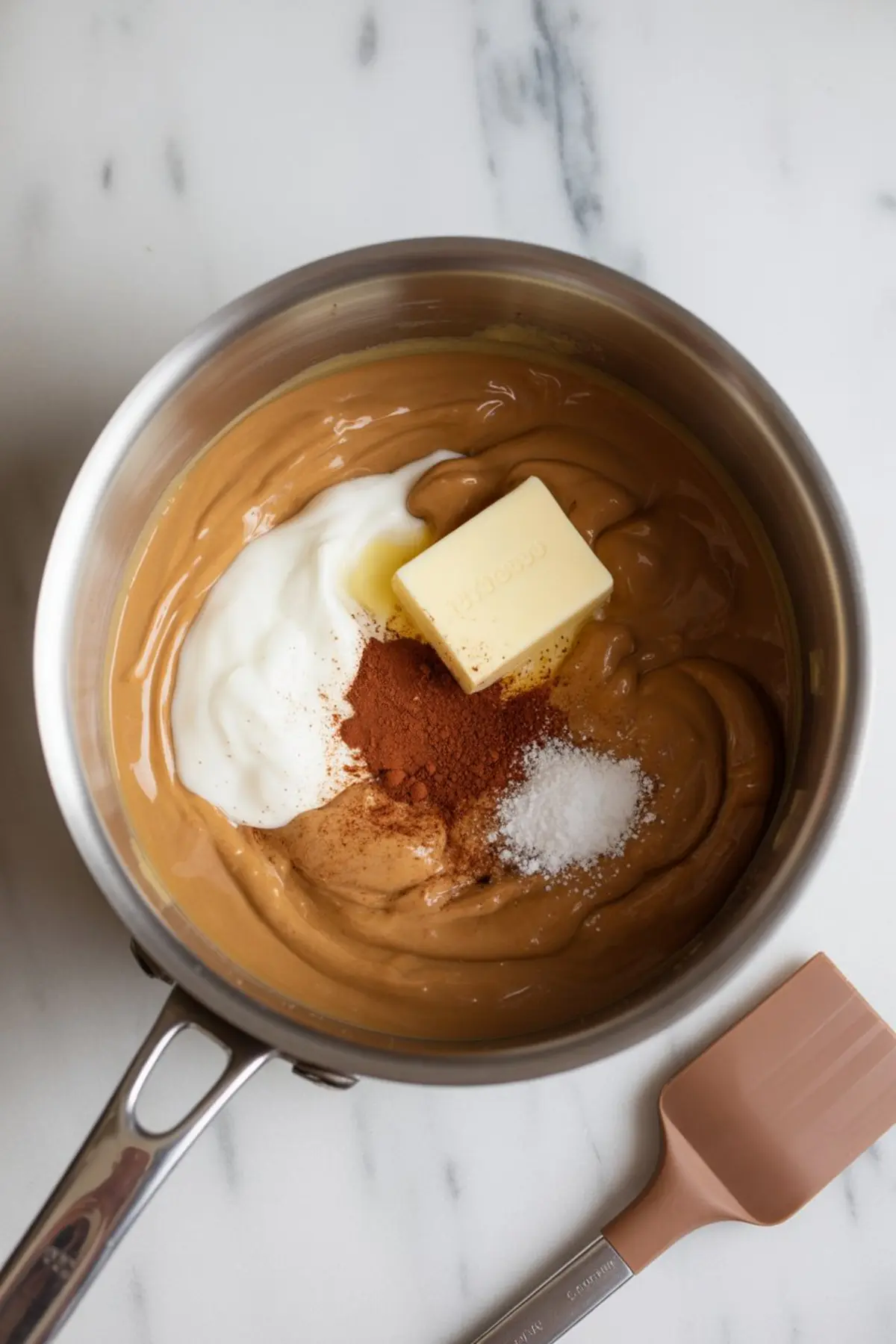 Stainless steel saucepan filled with a thick butterscotch mixture, showing visible ingredients like butter, yogurt, instant coffee, cinnamon, and salt before blending, with a pink spatula placed nearby.
