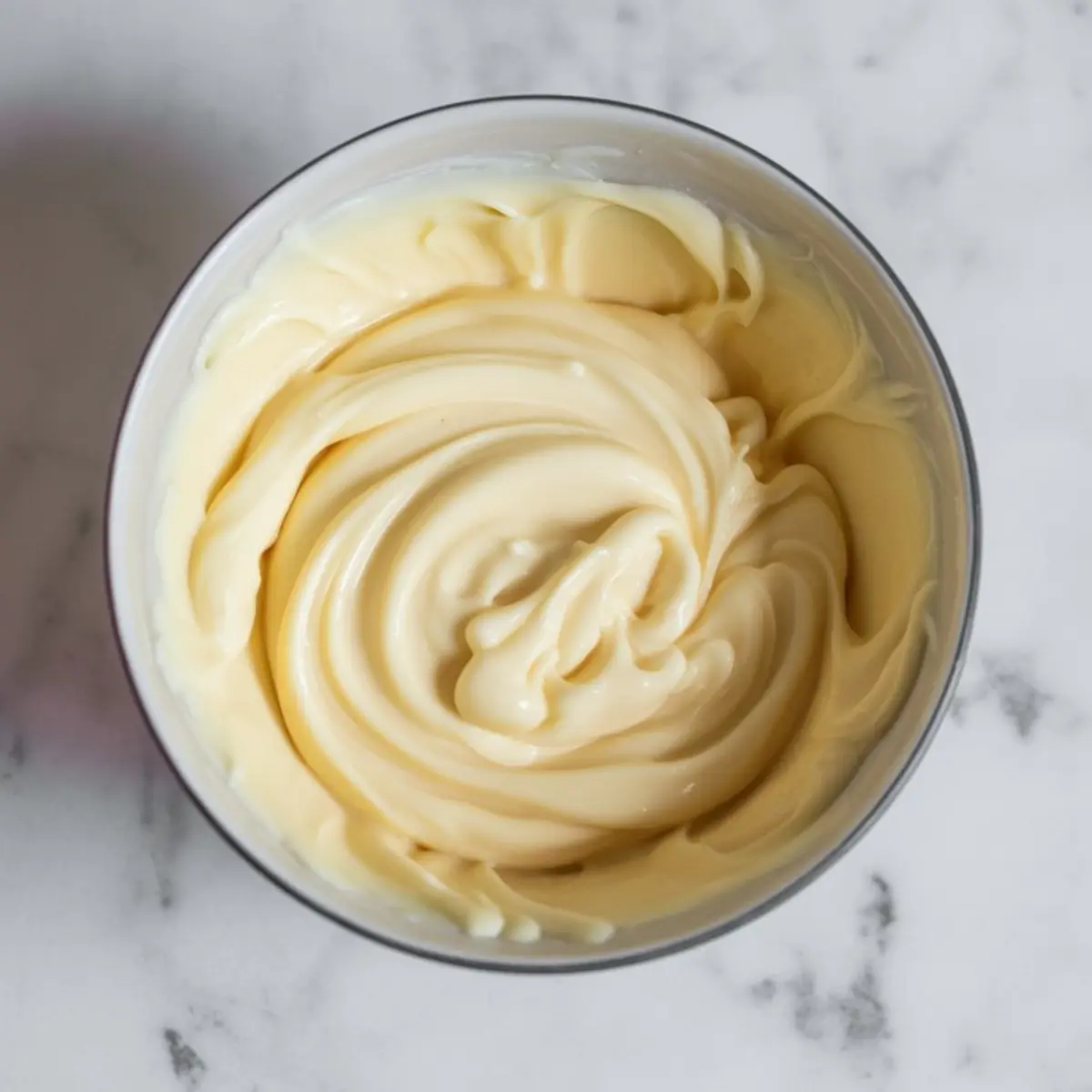 Bowl of melted white chocolate mixture with a smooth, creamy texture swirled in a circular motion, prepared for swirling into the butterscotch fudge base.
