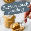 Glass jars filled with creamy butterscotch pudding, topped with whipped cream, with one spoonful being lifted to show the smooth texture.