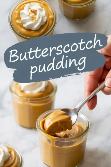 Glass jars filled with creamy butterscotch pudding, topped with whipped cream, with one spoonful being lifted to show the smooth texture.
